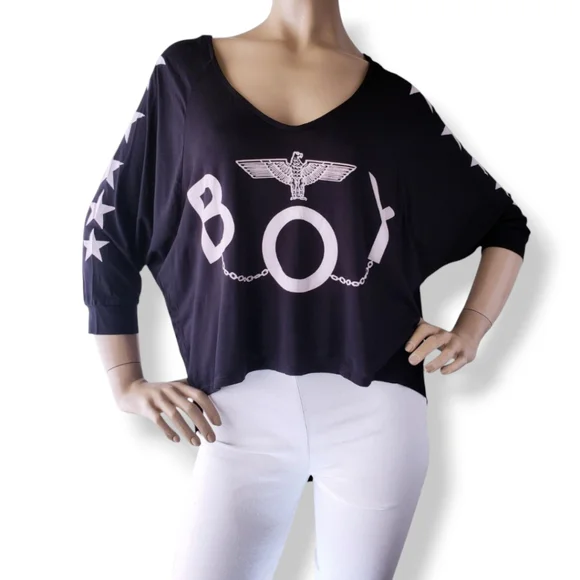 BOY London Black & White Logo Graphic Dolman Sleeve Blouse Size Medium - Picture 1 of 9